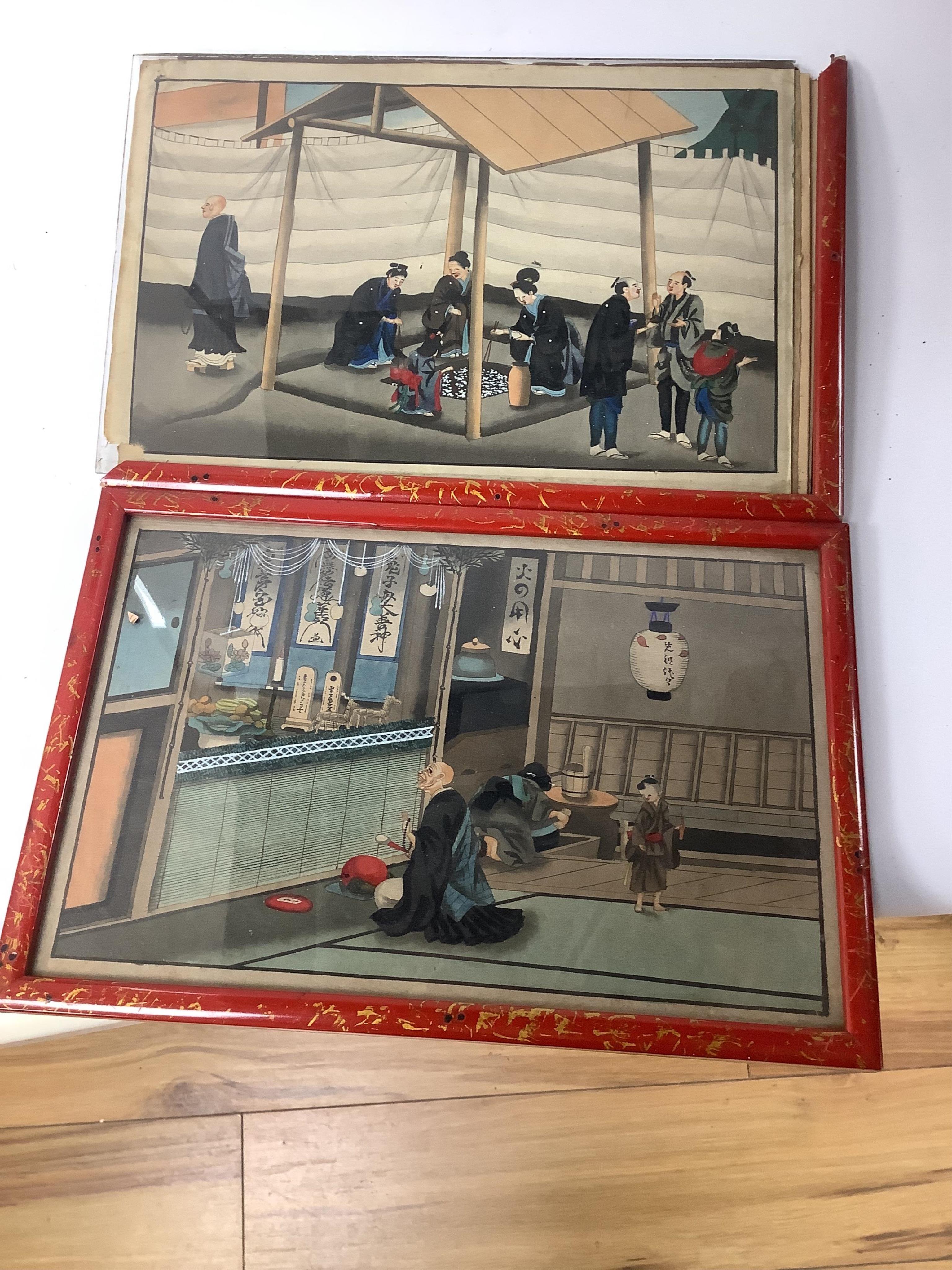 A collection of Chinese and Japanese paintings to include; a pair of Chinese pith paper paintings and Japanese woodblock prints, largest 18 x 30cm. Condition - varies, mostly fair